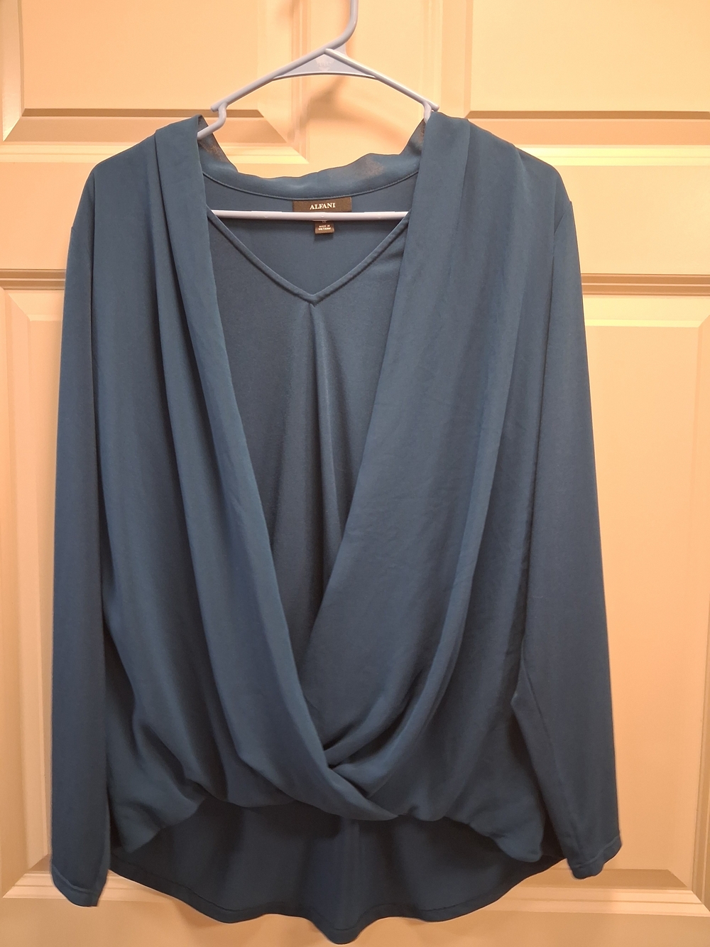 Alfani Dark Teal Blue Wrap-Front Long-Sleeve Hi Low Blouse- Sz 1X - Picture 5 of 12